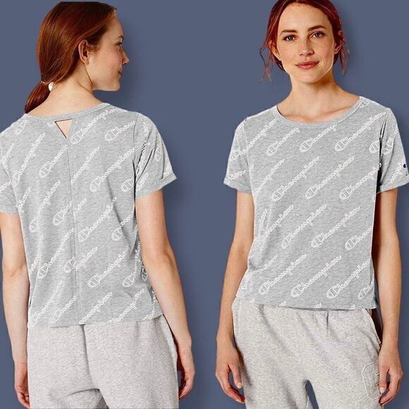 Champion Repeat Logo Heather Gray Roll Sleeve Crop Top Tee Sz 2X - Picture 2 of 8